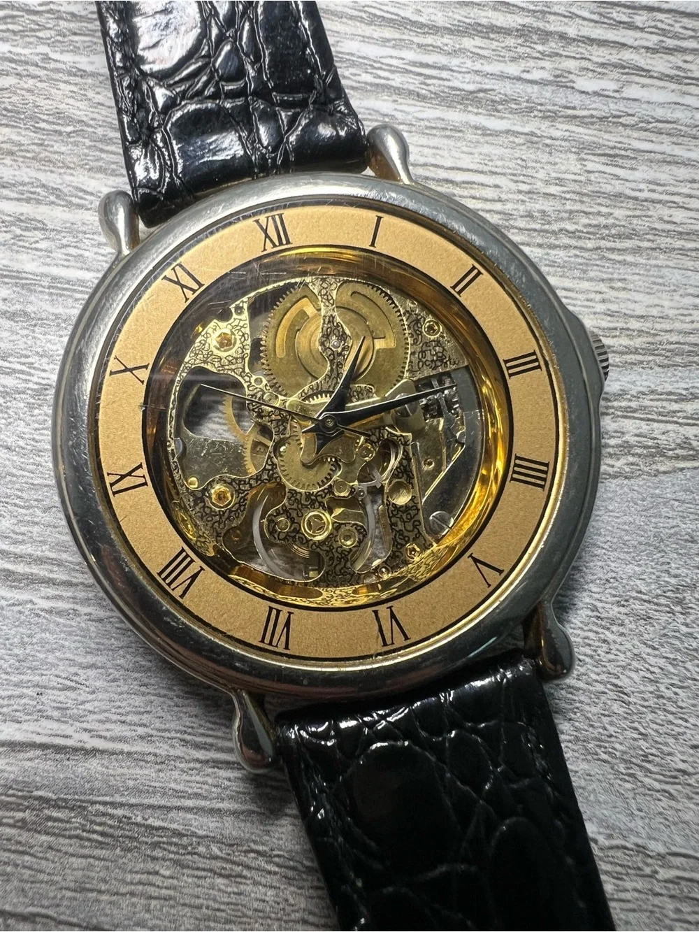 Gold Skeleton Dial Men's Mechanical Watch with Black Leather Strap